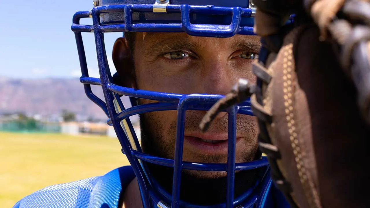 Football player helmet closeup
